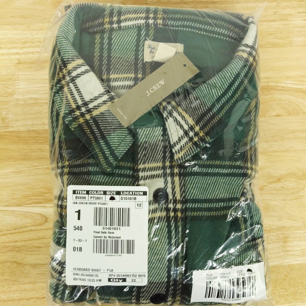 J Crew Flannel Shirt Mens Green White Plaid Seaboard Brushed Soft Knit - Picture 5 of 5
